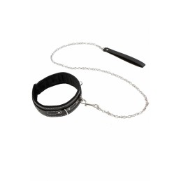 Collier A Strass et Laisse Chaine-Simili Cuir Noir