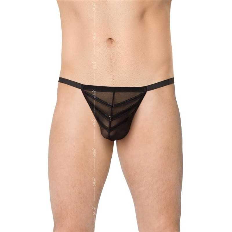 Prestaloveshop String noir bandes wetlook devant Homme