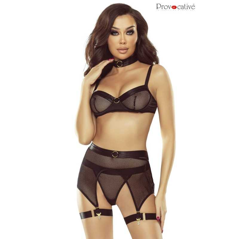 Prestaloveshop Fishnet Ensemble Noir 4 Pcs Résille Harnais