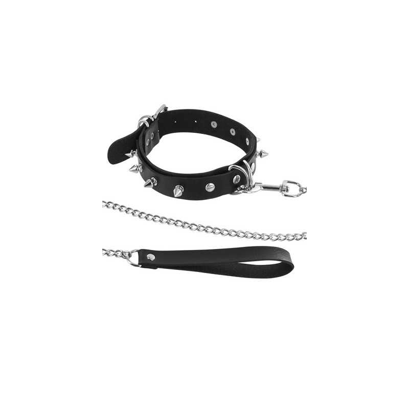 Prestaloveshop Collier Fetish Anneaux Pointes et Laisse