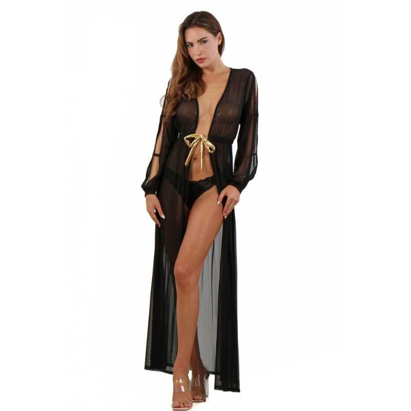 Prestaloveshop Déshabillé Long Micro Résille Noué Doré Prestaloveshop Déshabillé Long Micro Résille Noué Doré