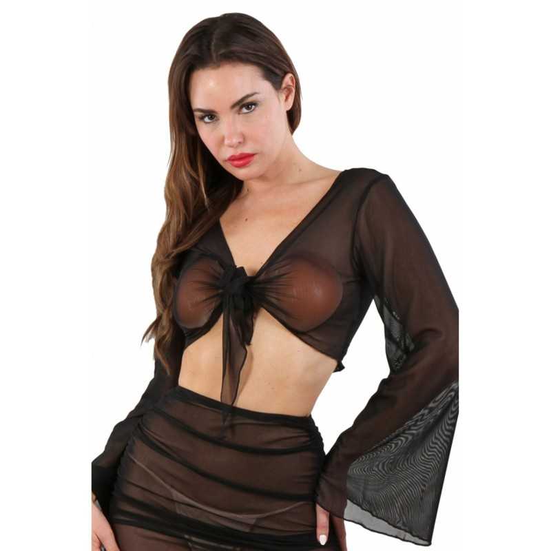 Prestaloveshop Top voile transparent nouer devant manches Prestaloveshop Top voile transparent nouer devant manches