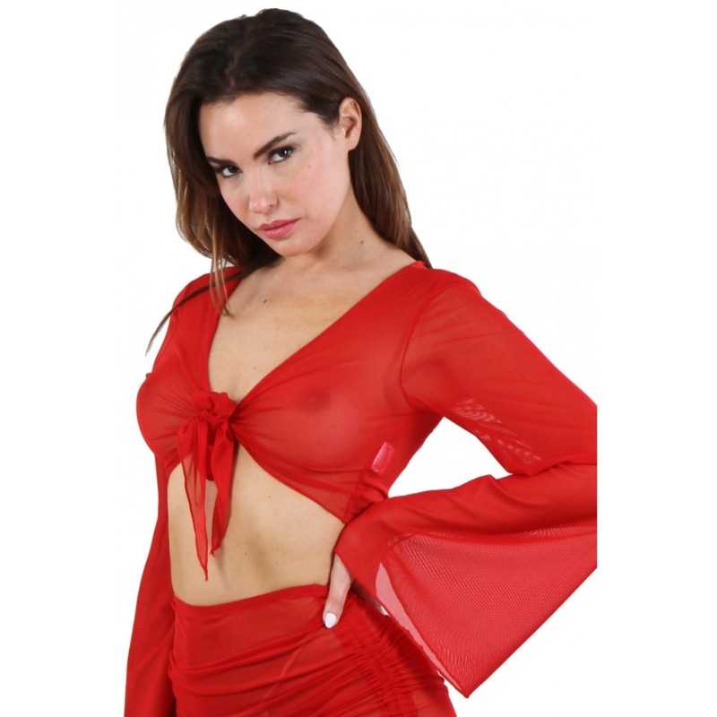 Prestaloveshop Top voile transparent nouer devant manches Prestaloveshop Top voile transparent nouer devant manches