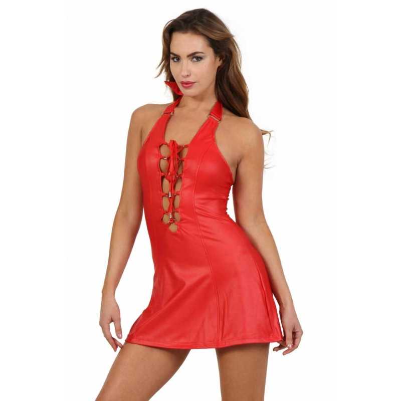 Prestaloveshop Robe Évasée Effet Cuir Laçage Décolleté Prestaloveshop Robe Évasée Effet Cuir Laçage Décolleté