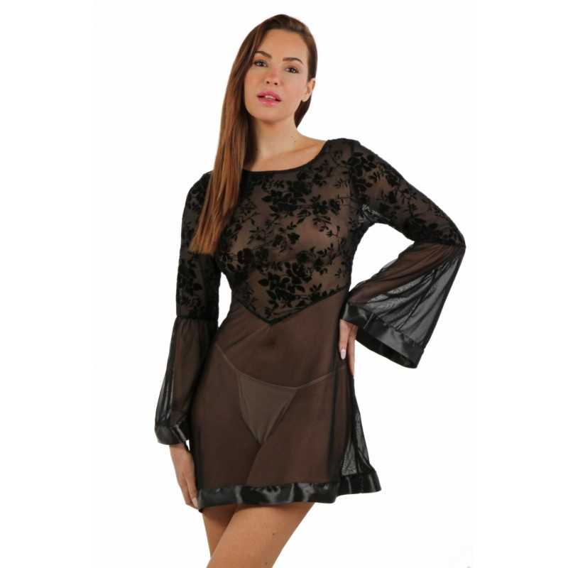 Prestaloveshop Robe Évasée Floquée Velours Manches Longues Prestaloveshop Robe Évasée Floquée Velours Manches Longues