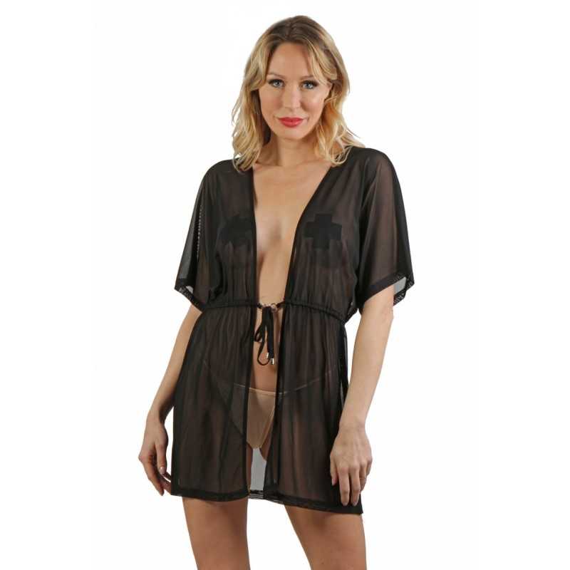 Prestaloveshop Déshabillé micro résille Taille élastique nouée Prestaloveshop Déshabillé micro résille Taille élastique nouée