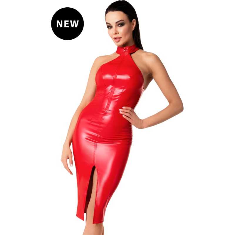 Prestaloveshop Robe mi longue wetlook rouge ras de cou zip