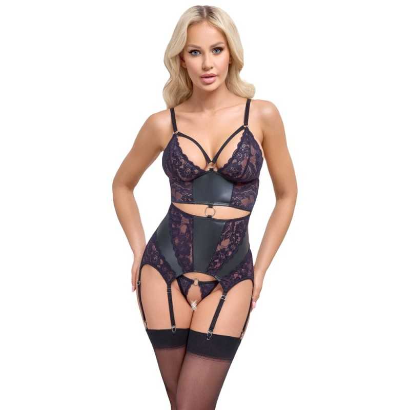 Prestaloveshop Somptueuse Guêpière Noire Dentelle Wetlook Et