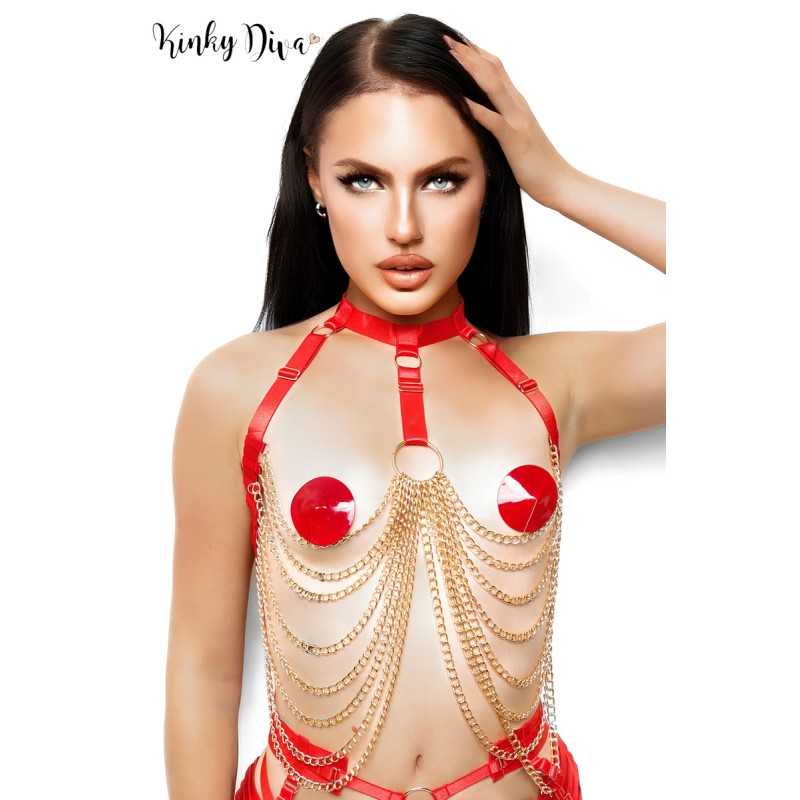 Harnais buste sangles élastiques rouge chaine dorée