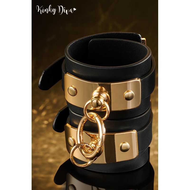 Menottes chevilles noires plaque & anneau clip détachable doré