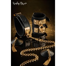 Menottes chevilles noires plaque & anneau clip détachable doré Menottes chevilles noires plaque & anneau clip détachable doré