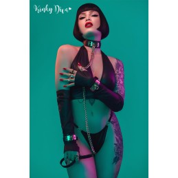 Menottes poignets noires plaque & anneau clip détachable doré Menottes poignets noires plaque & anneau clip détachable doré