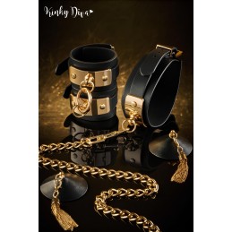 Menottes poignets noires plaque & anneau clip détachable doré Menottes poignets noires plaque & anneau clip détachable doré