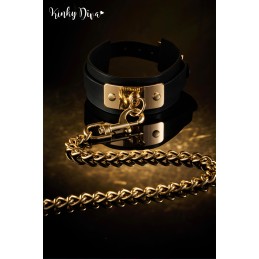 Collier noir plaque dorée & Laisse mousqueton doré