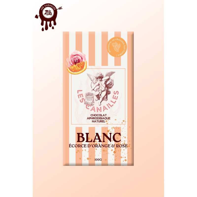 Tablette chocolat aphrodisiaque • Blanc, écorce d'Orange et Rose • 100g