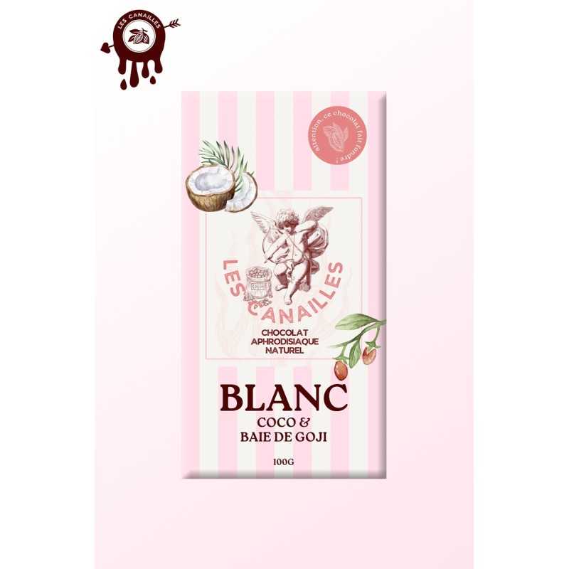 Tablette chocolat aphrodisiaque • Blanc, Noix de coco et baie de Goji • 100g Tablette chocolat aphrodisiaque • Blanc, Noix de coco et baie de Goji • 100g