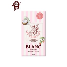 Tablette chocolat aphrodisiaque • Blanc, Noix de coco et baie de Goji • 100g Tablette chocolat aphrodisiaque • Blanc, Noix de coco et baie de Goji • 100g