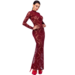 Robe longue dos nu transparente flocage brocard Bordeaux F383