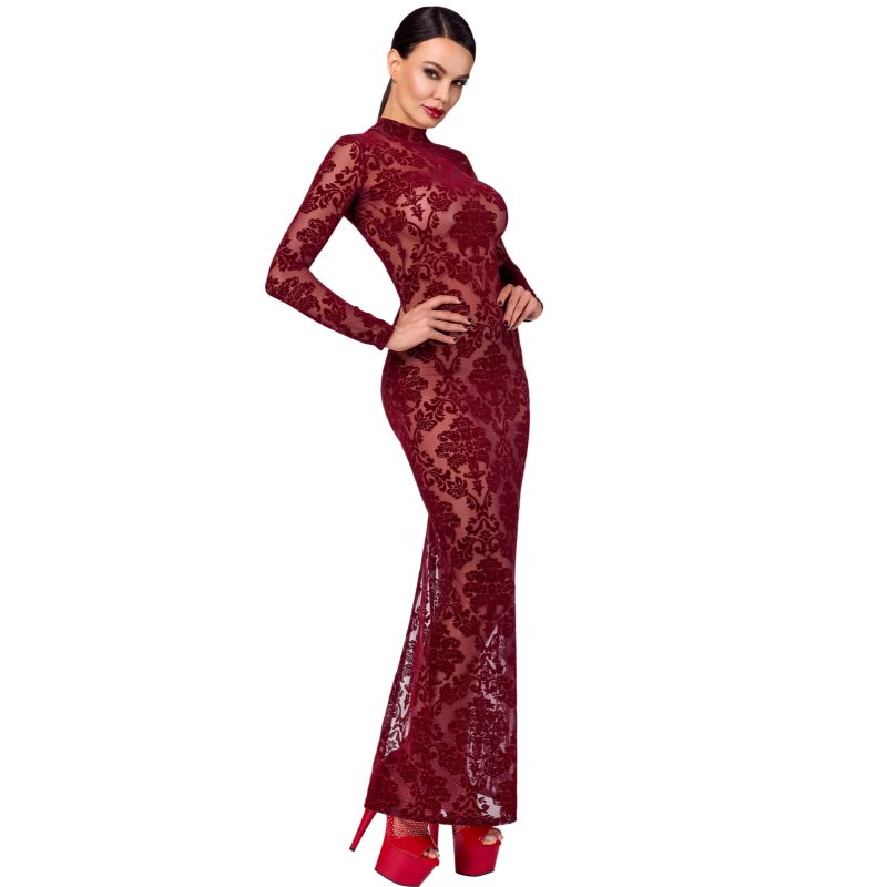 Robe longue dos nu transparente flocage brocard Bordeaux F383
