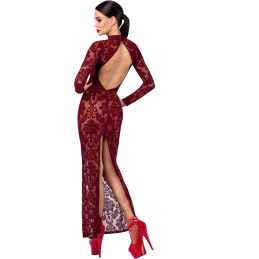 Robe longue dos nu transparente flocage brocard Bordeaux F383