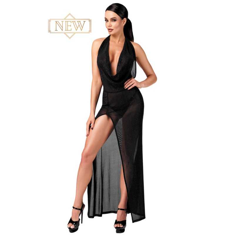 Robe longue micro résille argenté décolleté tombant noir F373
