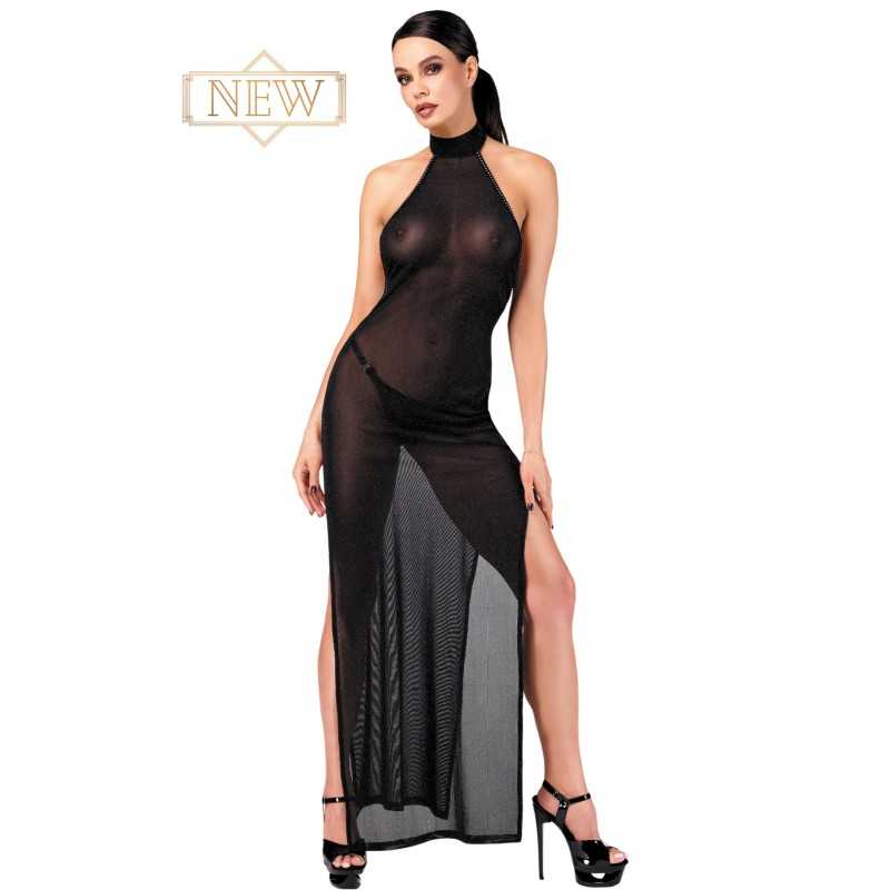 Robe longue micro résille argenté do nu noir F372