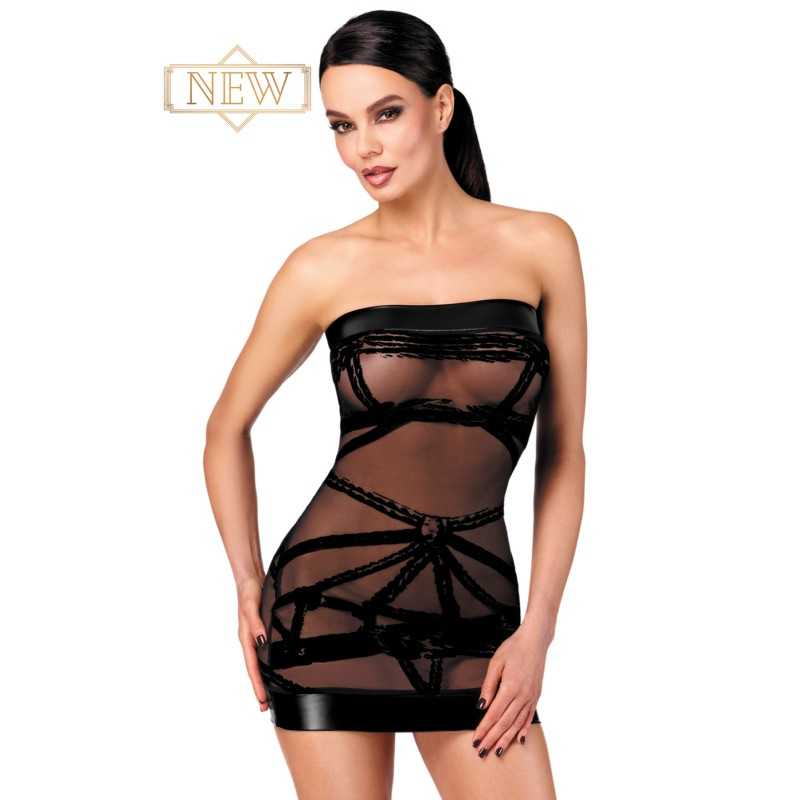 Robe courte moulante transparente flocage noir F359