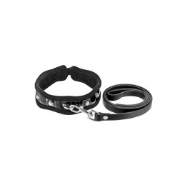 Prestaloveshop Collier Cuir Vernis Noir et Laisse