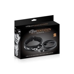 Prestaloveshop Collier Cuir Vernis Noir et Laisse