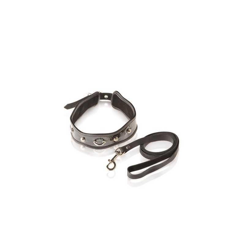 Prestaloveshop Collier Cuir Vernis Noir et Laisse