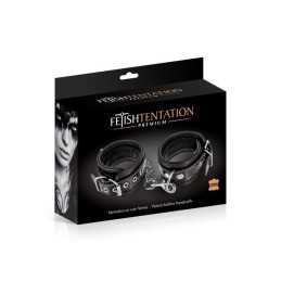 Prestaloveshop Menottes Cuir Vernis Noir Coutures Rouges